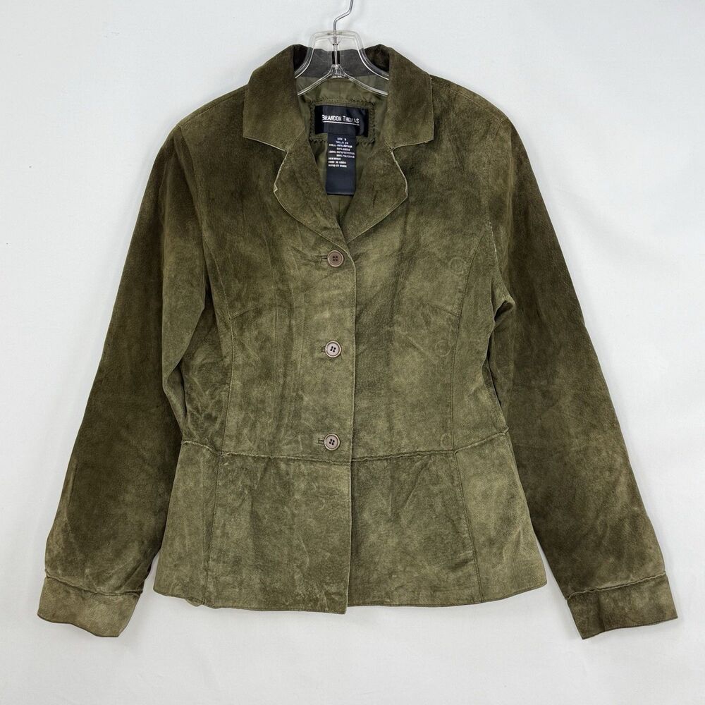 Brandon Thomas Womens Green Leather Suede Blazer Jacket Size S Long Sleeve Lined - Picture 2 of 16